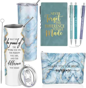 Domensi 6 Pcs Employee Appreciation Gift Set for Women Female Thank You Gift May You Be Proud 20 oz Rustic Blue Marble Sign Tumbler Makeup Bag Journal for Teacher Nurse Lady Work Business(Blue)