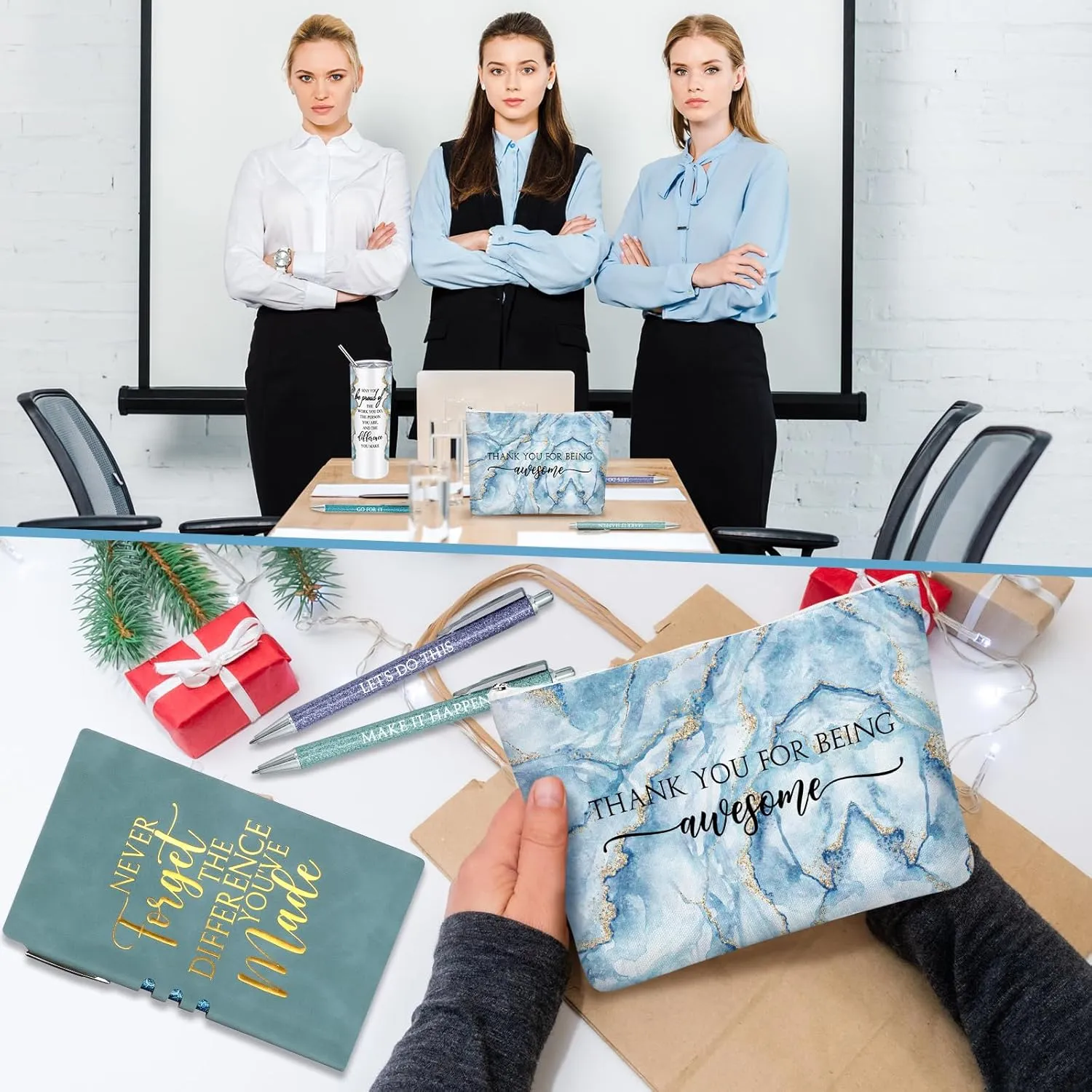 Domensi 6 Pcs Employee Appreciation Gift Set for Women Female Thank You Gift May You Be Proud 20 oz Rustic Blue Marble Sign Tumbler Makeup Bag Journal for Teacher Nurse Lady Work Business(Blue)