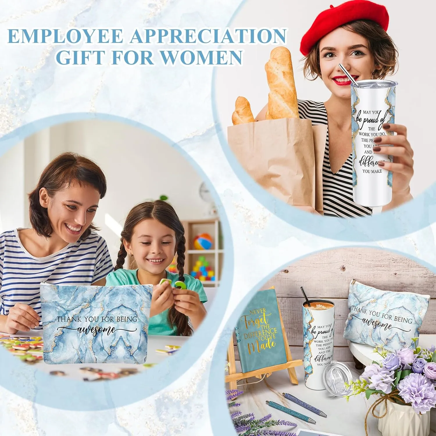 Domensi 6 Pcs Employee Appreciation Gift Set for Women Female Thank You Gift May You Be Proud 20 oz Rustic Blue Marble Sign Tumbler Makeup Bag Journal for Teacher Nurse Lady Work Business(Blue)