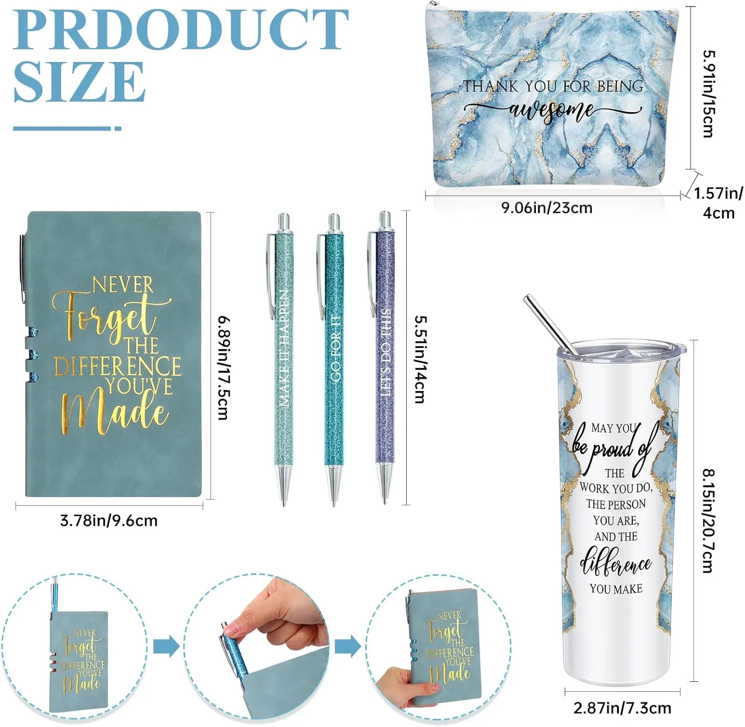 Domensi 6 Pcs Employee Appreciation Gift Set for Women Female Thank You Gift May You Be Proud 20 oz Rustic Blue Marble Sign Tumbler Makeup Bag Journal for Teacher Nurse Lady Work Business(Blue)