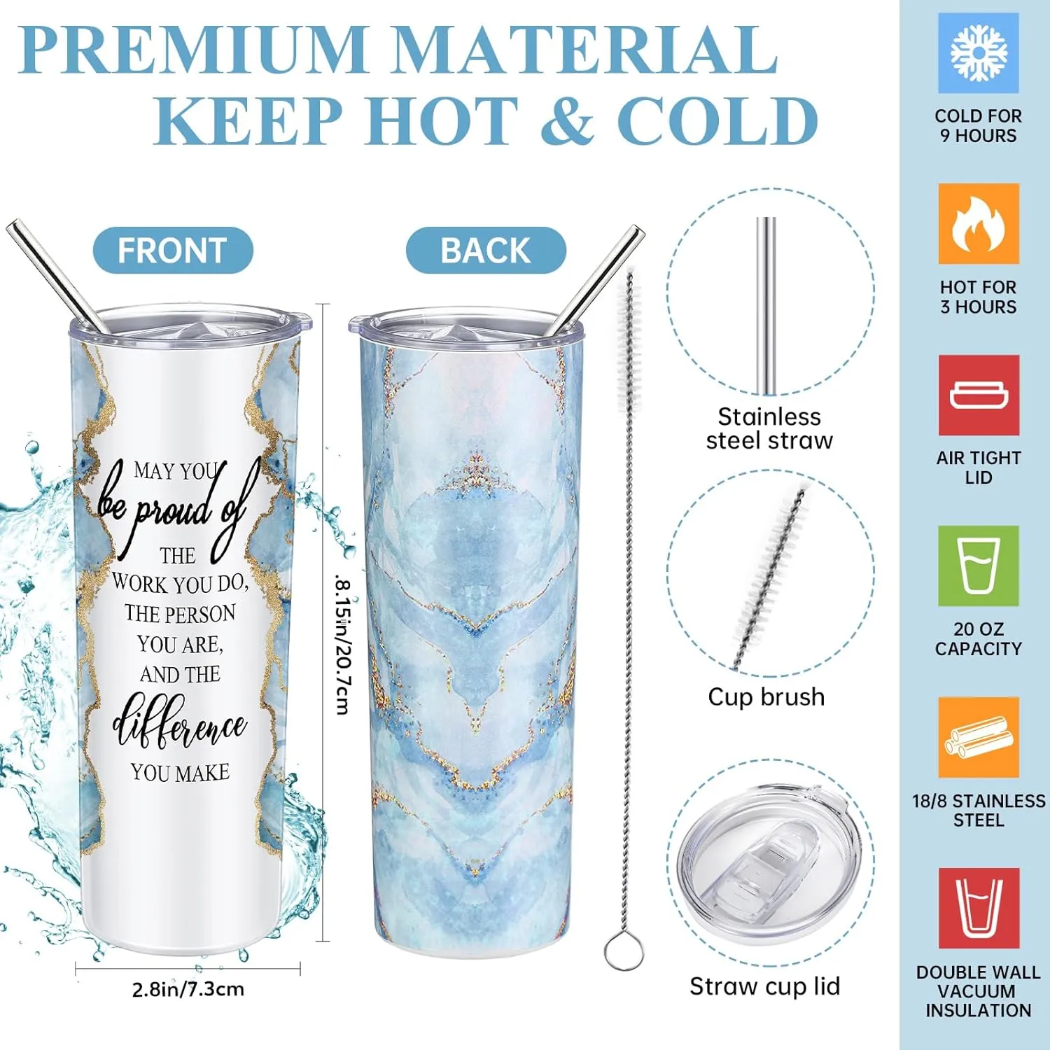 Domensi 6 Pcs Employee Appreciation Gift Set for Women Female Thank You Gift May You Be Proud 20 oz Rustic Blue Marble Sign Tumbler Makeup Bag Journal for Teacher Nurse Lady Work Business(Blue)