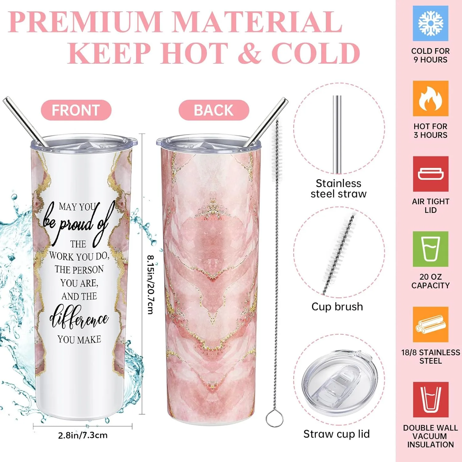 Domensi 6 Pcs Employee Appreciation Gift Set for Women Female Thank You Gift May You Be Proud 20 oz Rustic Blue Marble Sign Tumbler Makeup Bag Journal for Teacher Nurse Lady Work Business(Pink)