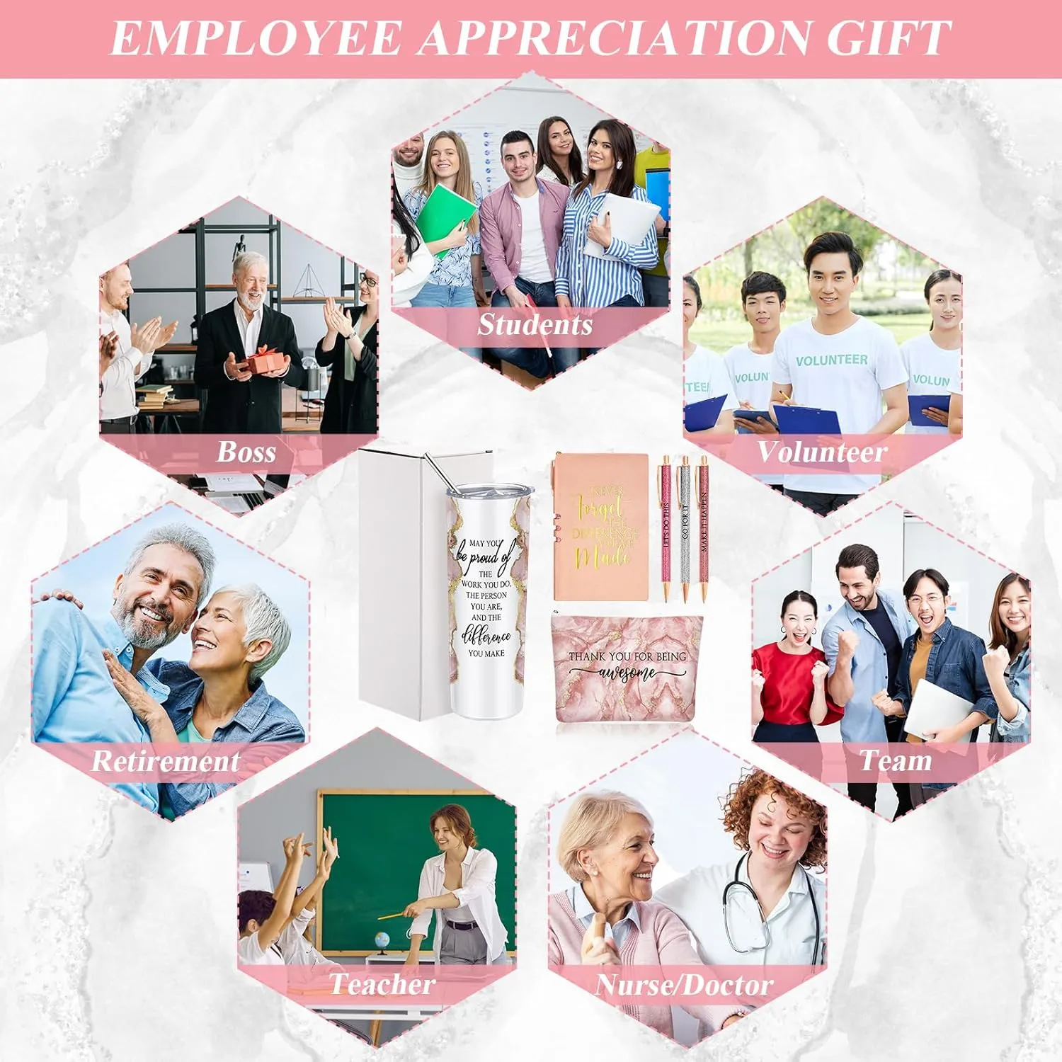 Domensi 6 Pcs Employee Appreciation Gift Set for Women Female Thank You Gift May You Be Proud 20 oz Rustic Blue Marble Sign Tumbler Makeup Bag Journal for Teacher Nurse Lady Work Business(Pink)