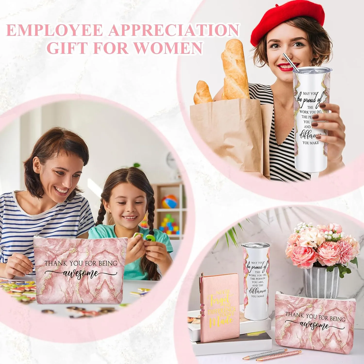 Domensi 6 Pcs Employee Appreciation Gift Set for Women Female Thank You Gift May You Be Proud 20 oz Rustic Blue Marble Sign Tumbler Makeup Bag Journal for Teacher Nurse Lady Work Business(Pink)