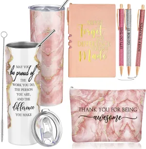 Domensi 6 Pcs Employee Appreciation Gift Set for Women Female Thank You Gift May You Be Proud 20 oz Rustic Blue Marble Sign Tumbler Makeup Bag Journal for Teacher Nurse Lady Work Business(Pink)