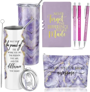 Domensi 6 Pcs Employee Appreciation Gift Set for Women Female Thank You Gift May You Be Proud 20 oz Rustic Blue Marble Sign Tumbler Makeup Bag Journal for Teacher Nurse Lady Work Business(Purple)
