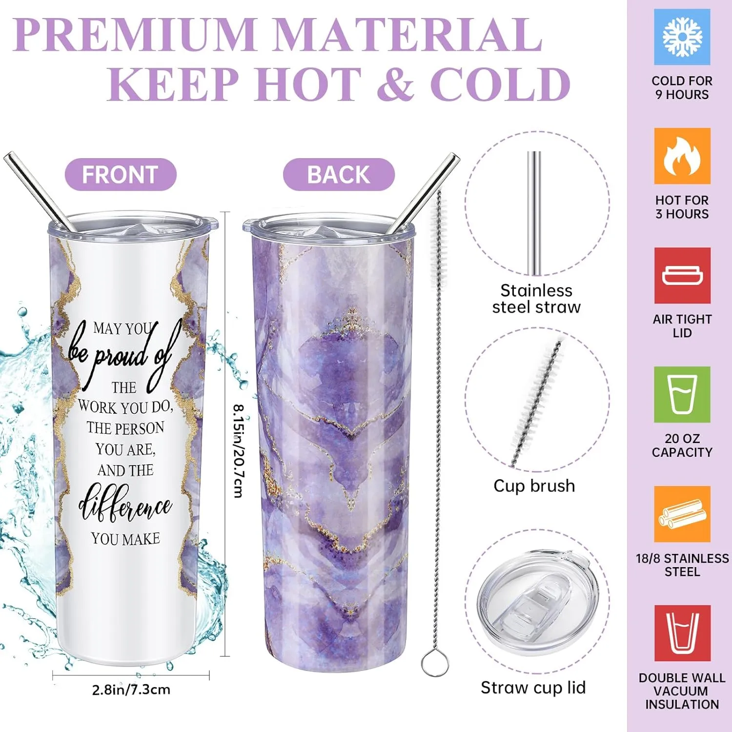 Domensi 6 Pcs Employee Appreciation Gift Set for Women Female Thank You Gift May You Be Proud 20 oz Rustic Blue Marble Sign Tumbler Makeup Bag Journal for Teacher Nurse Lady Work Business(Purple)