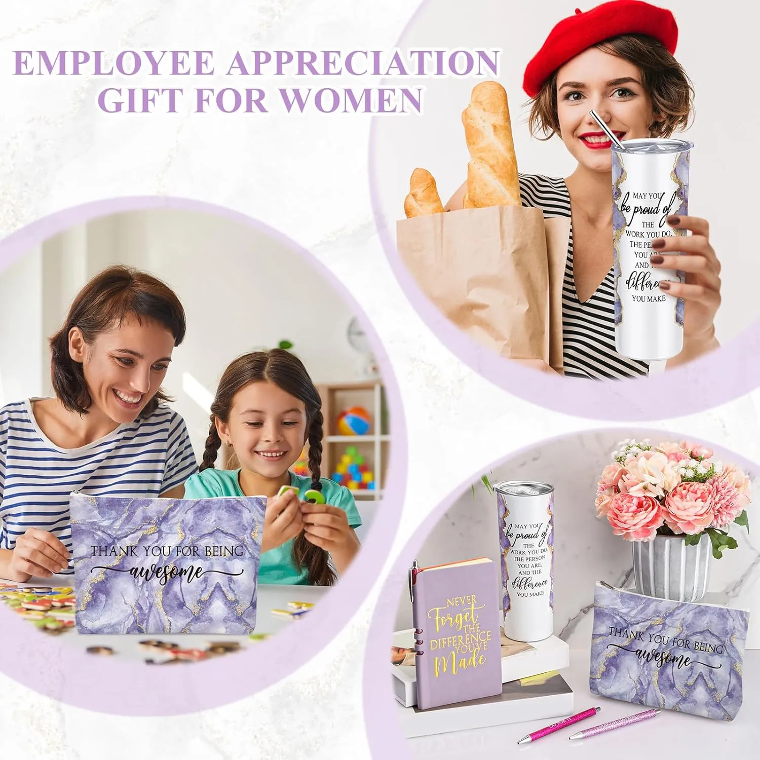 Domensi 6 Pcs Employee Appreciation Gift Set for Women Female Thank You Gift May You Be Proud 20 oz Rustic Blue Marble Sign Tumbler Makeup Bag Journal for Teacher Nurse Lady Work Business(Purple)