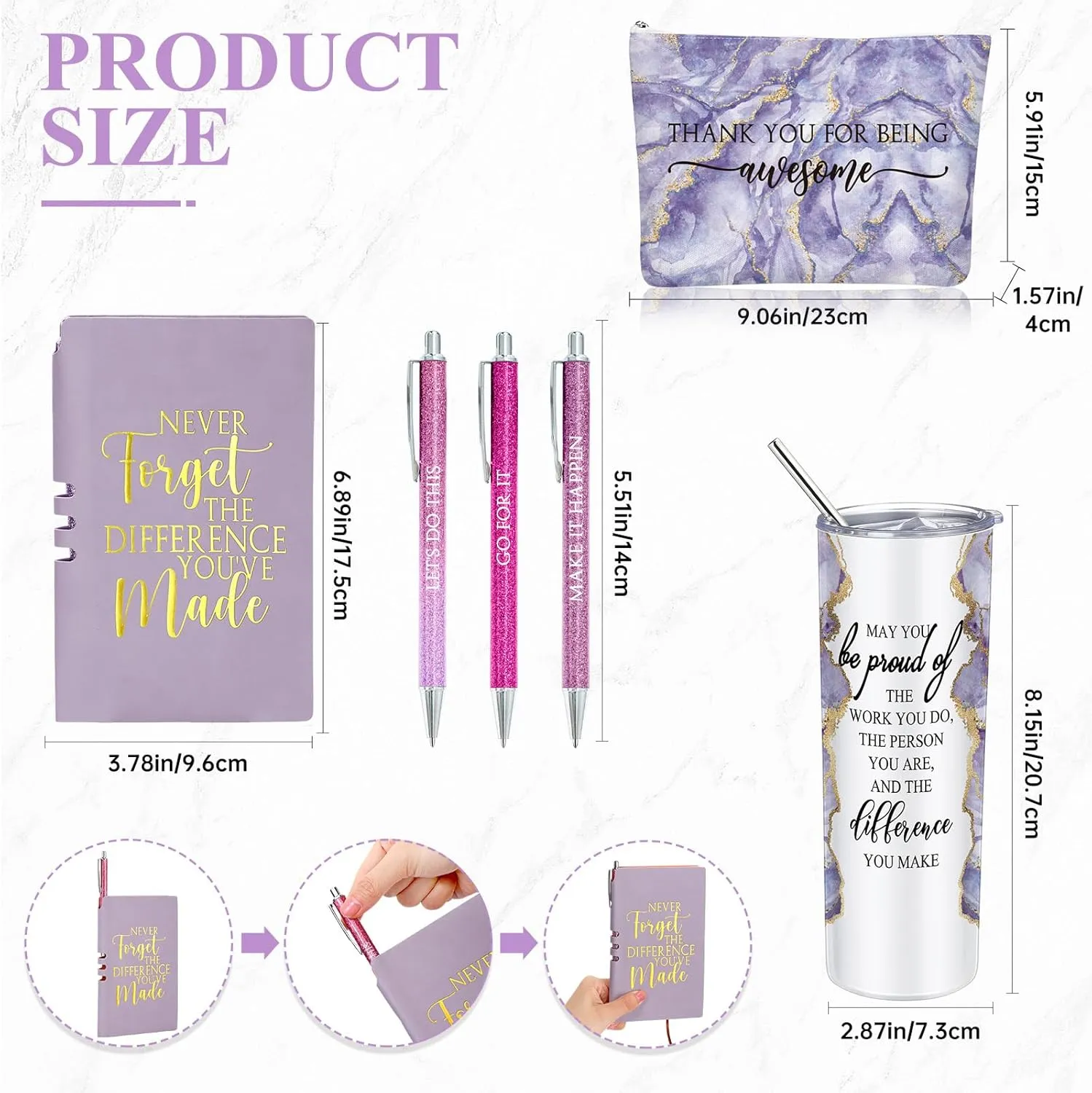 Domensi 6 Pcs Employee Appreciation Gift Set for Women Female Thank You Gift May You Be Proud 20 oz Rustic Blue Marble Sign Tumbler Makeup Bag Journal for Teacher Nurse Lady Work Business(Purple)