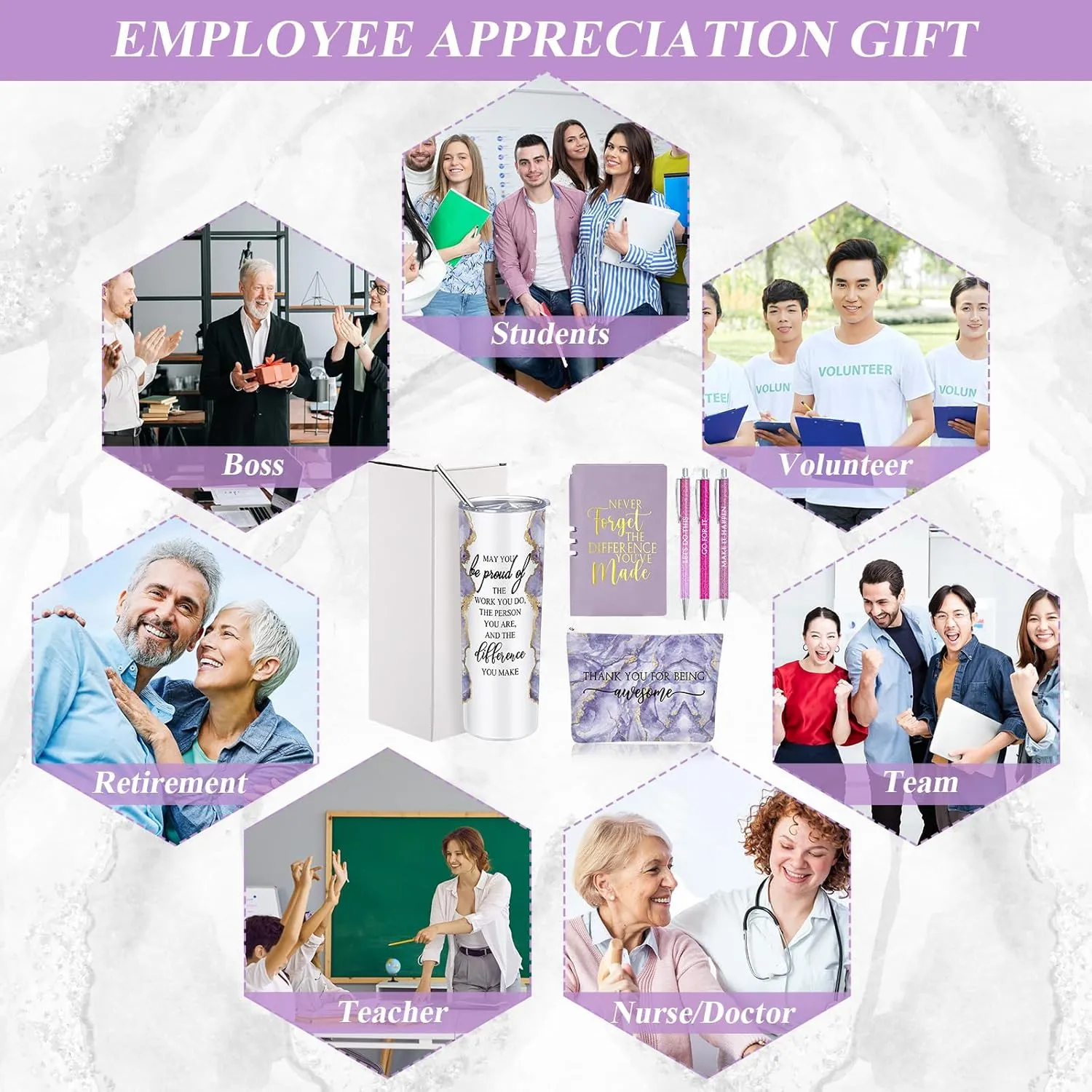 Domensi 6 Pcs Employee Appreciation Gift Set for Women Female Thank You Gift May You Be Proud 20 oz Rustic Blue Marble Sign Tumbler Makeup Bag Journal for Teacher Nurse Lady Work Business(Purple)