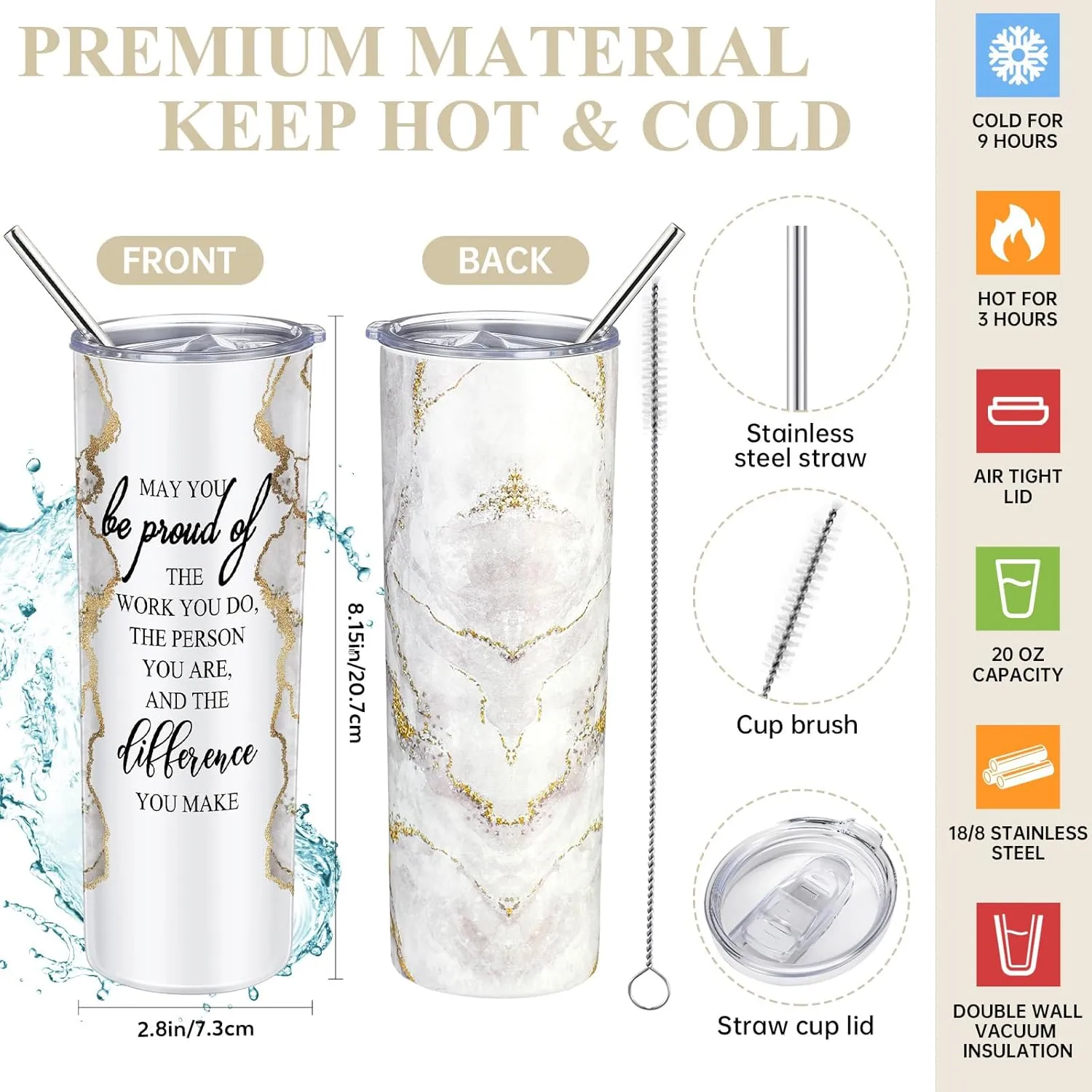 Domensi 6 Pcs Employee Appreciation Gift Set for Women Female Thank You Gift May You Be Proud 20 oz Rustic Blue Marble Sign Tumbler Makeup Bag Journal for Teacher Nurse Lady Work Business(White)