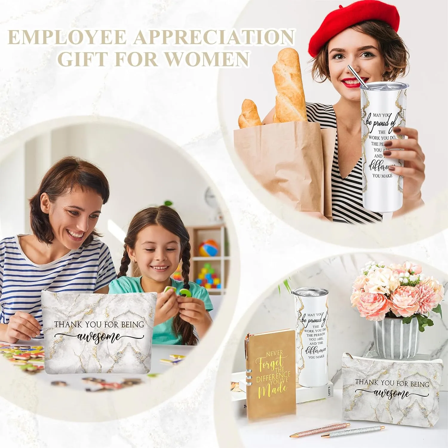 Domensi 6 Pcs Employee Appreciation Gift Set for Women Female Thank You Gift May You Be Proud 20 oz Rustic Blue Marble Sign Tumbler Makeup Bag Journal for Teacher Nurse Lady Work Business(White)