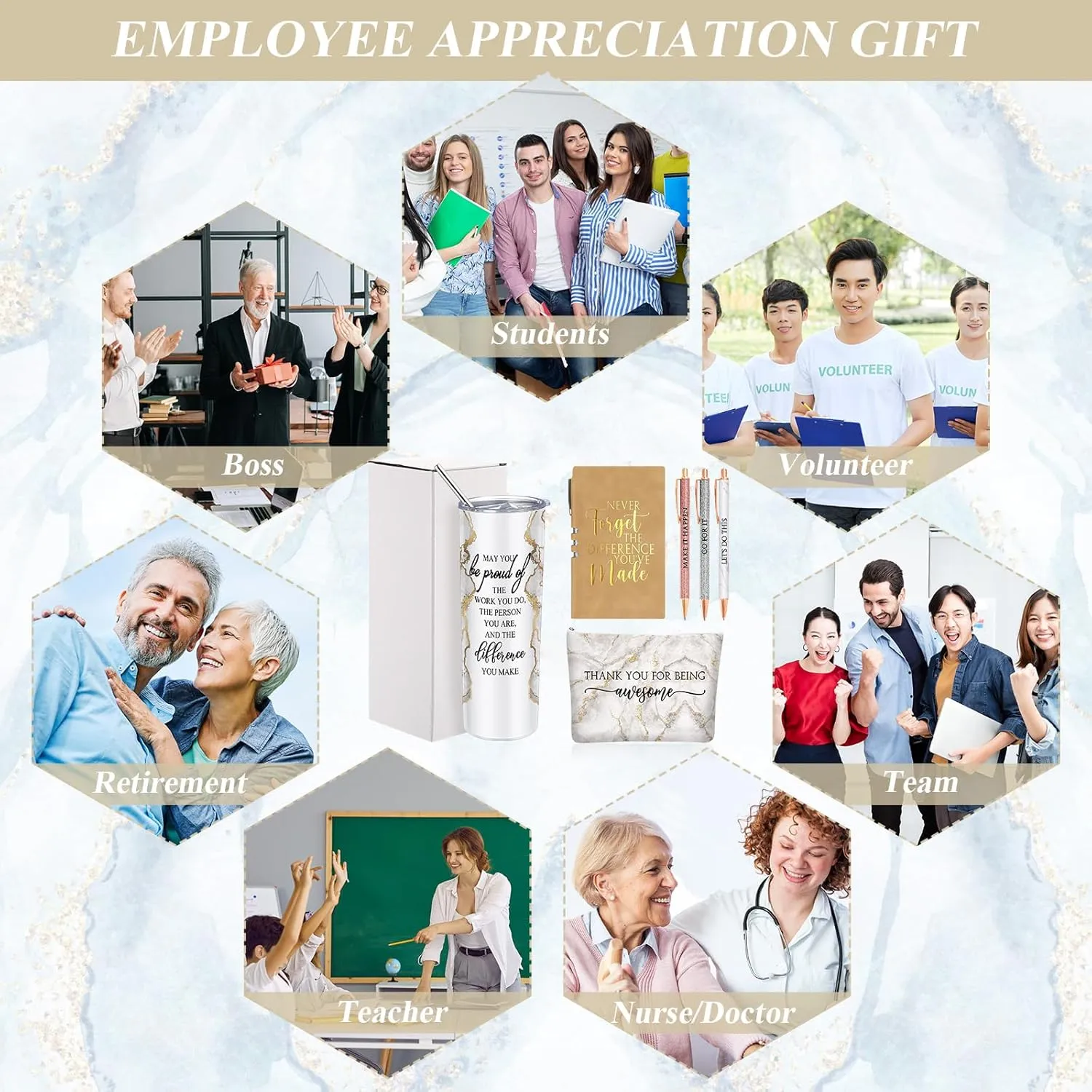 Domensi 6 Pcs Employee Appreciation Gift Set for Women Female Thank You Gift May You Be Proud 20 oz Rustic Blue Marble Sign Tumbler Makeup Bag Journal for Teacher Nurse Lady Work Business(White)