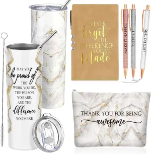 Domensi 6 Pcs Employee Appreciation Gift Set for Women Female Thank You Gift May You Be Proud 20 oz Rustic Blue Marble Sign Tumbler Makeup Bag Journal for Teacher Nurse Lady Work Business(White)