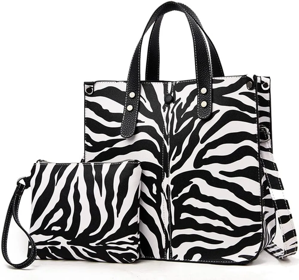 Downupdown Women Handbags and Purse Animal-print Leather Shoulder Bag Satchel Handbag Ladies Tote Bag for Work 2Pcs Set