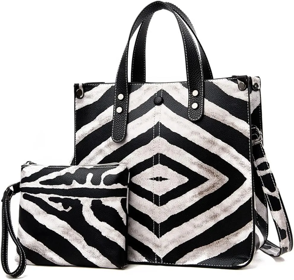 Downupdown Women Handbags and Purse Animal-print Leather Shoulder Bag Satchel Handbag Ladies Tote Bag for Work 2Pcs Set
