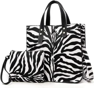 Downupdown Women Handbags and Purse Animal-print Leather Shoulder Bag Satchel Handbag Ladies Tote Bag for Work 2Pcs Set