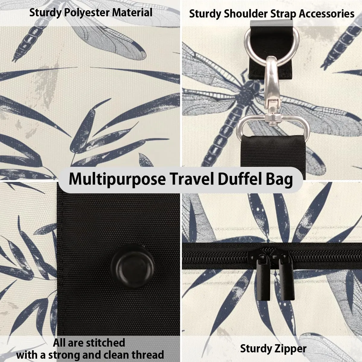 Dragonfly Travel Duffle Bag, Sports Gym Bags for Women Men, Carry On Weekender Overnight Bag, Leaves Rustic Botanical Workout Hospital Airplane Trips Bag