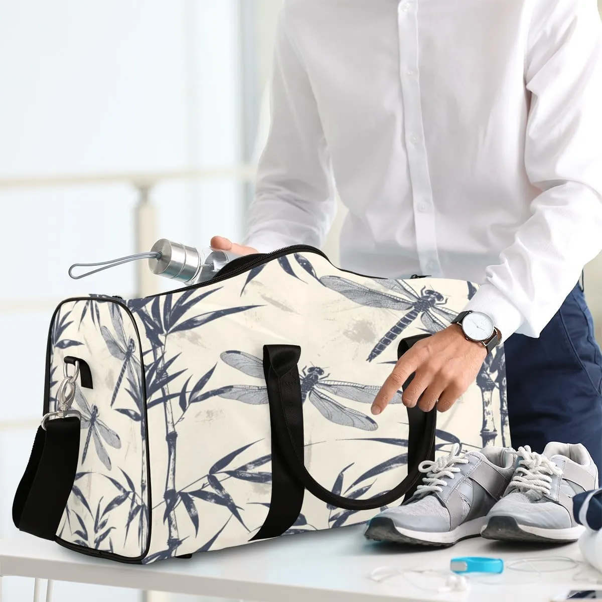 Dragonfly Travel Duffle Bag, Sports Gym Bags for Women Men, Carry On Weekender Overnight Bag, Leaves Rustic Botanical Workout Hospital Airplane Trips Bag
