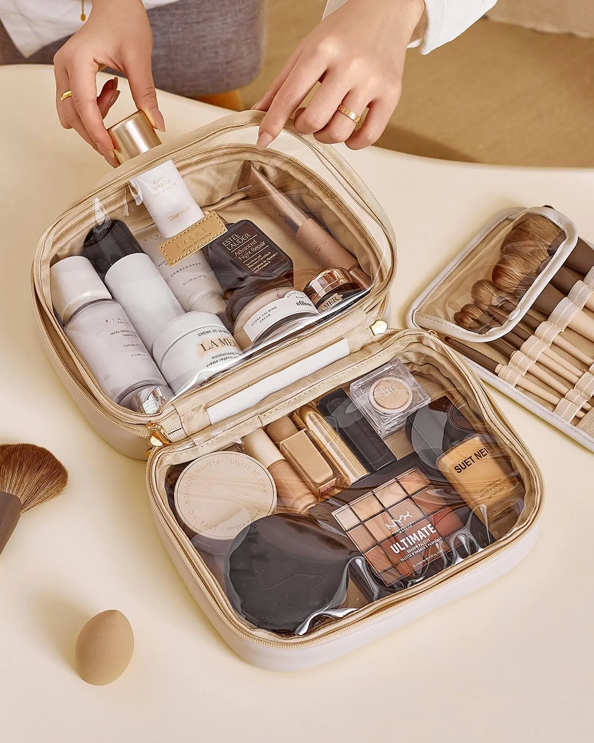 EACHY Travel Makeup Bag,Large Capacity Cosmetic Bags for Women,Waterproof Portable Pouch Open Flat Toiletry Bag Make up Organizer with Divider and Handle