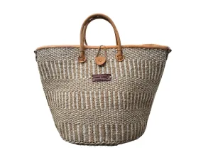 Earth Stripes Handmade Sisal Market Tote Bag, Lightweight Economical Grocery Shopping Bags with Leather Strap Handles and Zipper Closure, Summer Beach Handbag, Straw Shoulder Purse for Women Travel