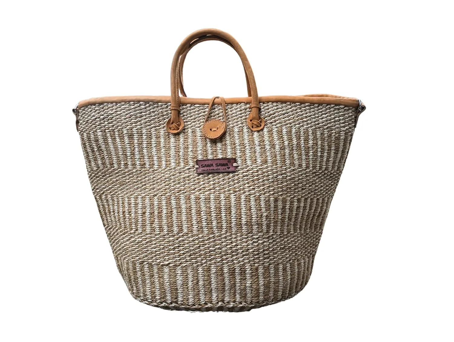 Earth Stripes Handmade Sisal Market Tote Bag, Lightweight Economical Grocery Shopping Bags with Leather Strap Handles and Zipper Closure, Summer Beach Handbag, Straw Shoulder Purse for Women Travel