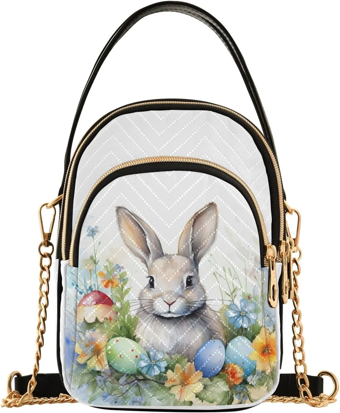 Easter Bunny with Floral Women's Crossbody Handbags with Zipper, Casual Leather Cell Phone Purse Crossbody Bags for Ladies