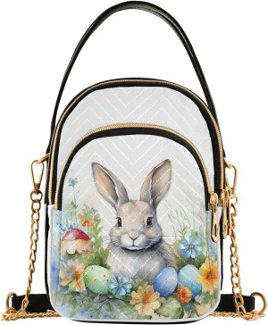 Easter Bunny with Floral Women's Crossbody Handbags with Zipper, Casual Leather Cell Phone Purse Crossbody Bags for Ladies
