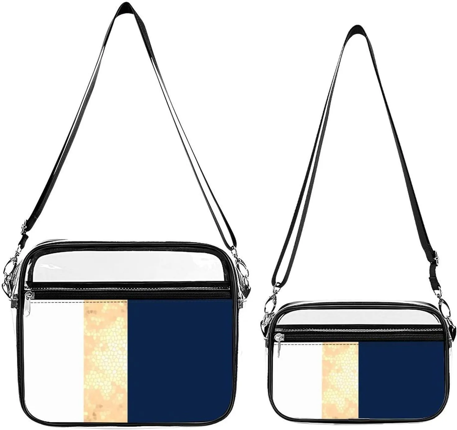 Elegant Faux Gold Navy Blue White Stripes Large Transparent Cross Bag Two-piece Set, Fashionable Transparent Bag