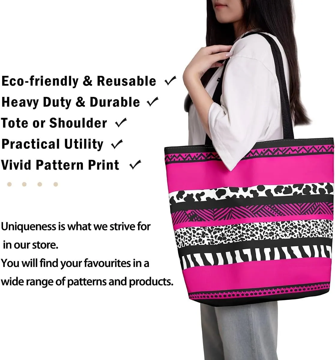 Elk Deer Canvas Tote Bag for Women,Rustic Rainbow Reindeer Travel Shopping Bag Woodland Animals Shoulder Bag
