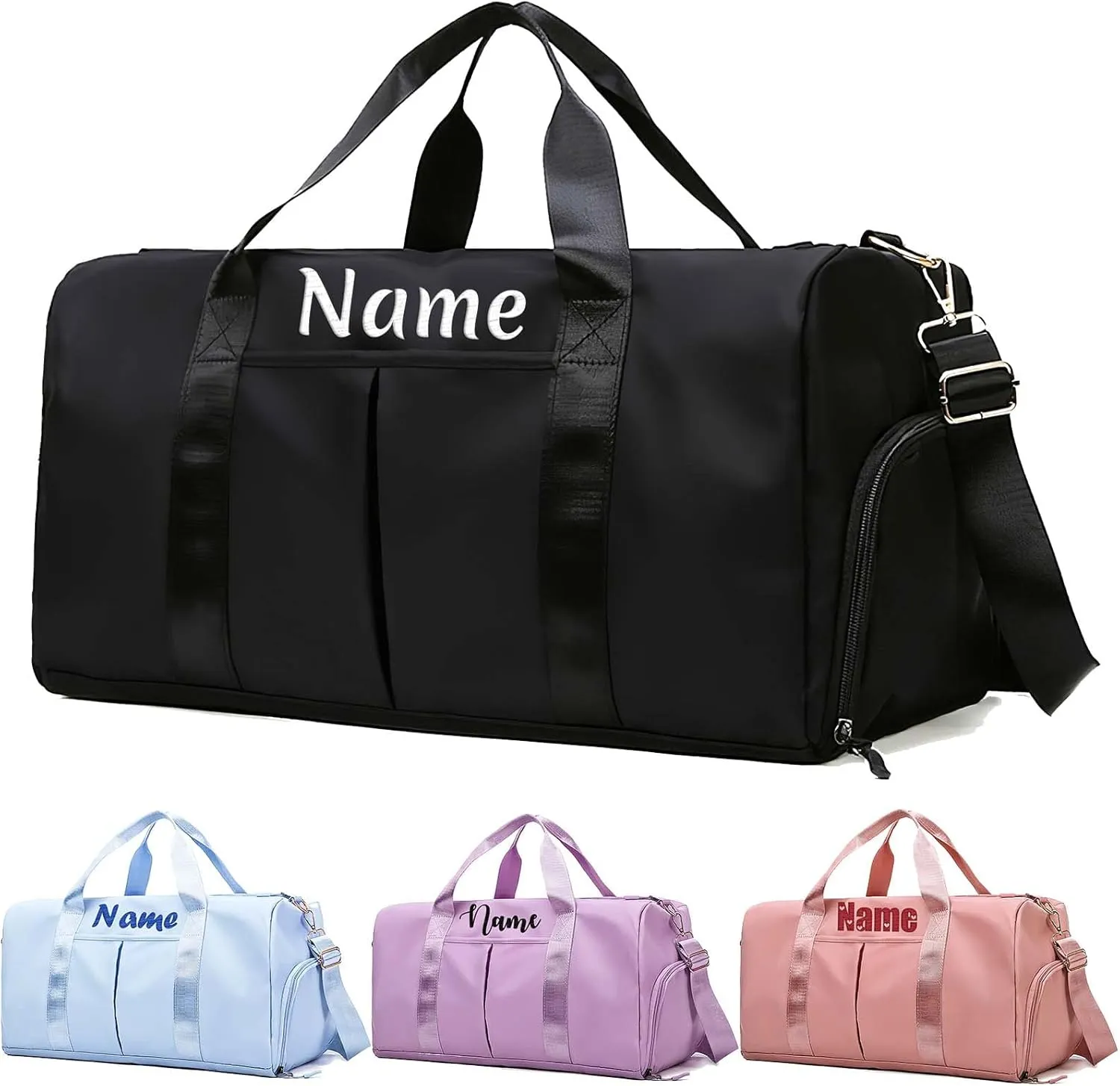 Embroidered Travel Duffel Bag Personalized Name Sports Gym Bags with Shoe Compartment Custom Carry On Overnight Weekender Bag for Women Men, Black