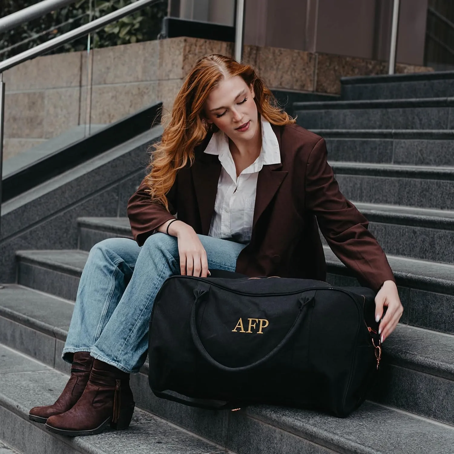Embroidered Travel Duffle Bag with Name, Waterproof Personalized Weekender Bag, Custom Carry On Tote Bags for Women, Travel Essentials Gym Bag, Customized Hospital Bag, Overnight Luggage Bag - Black