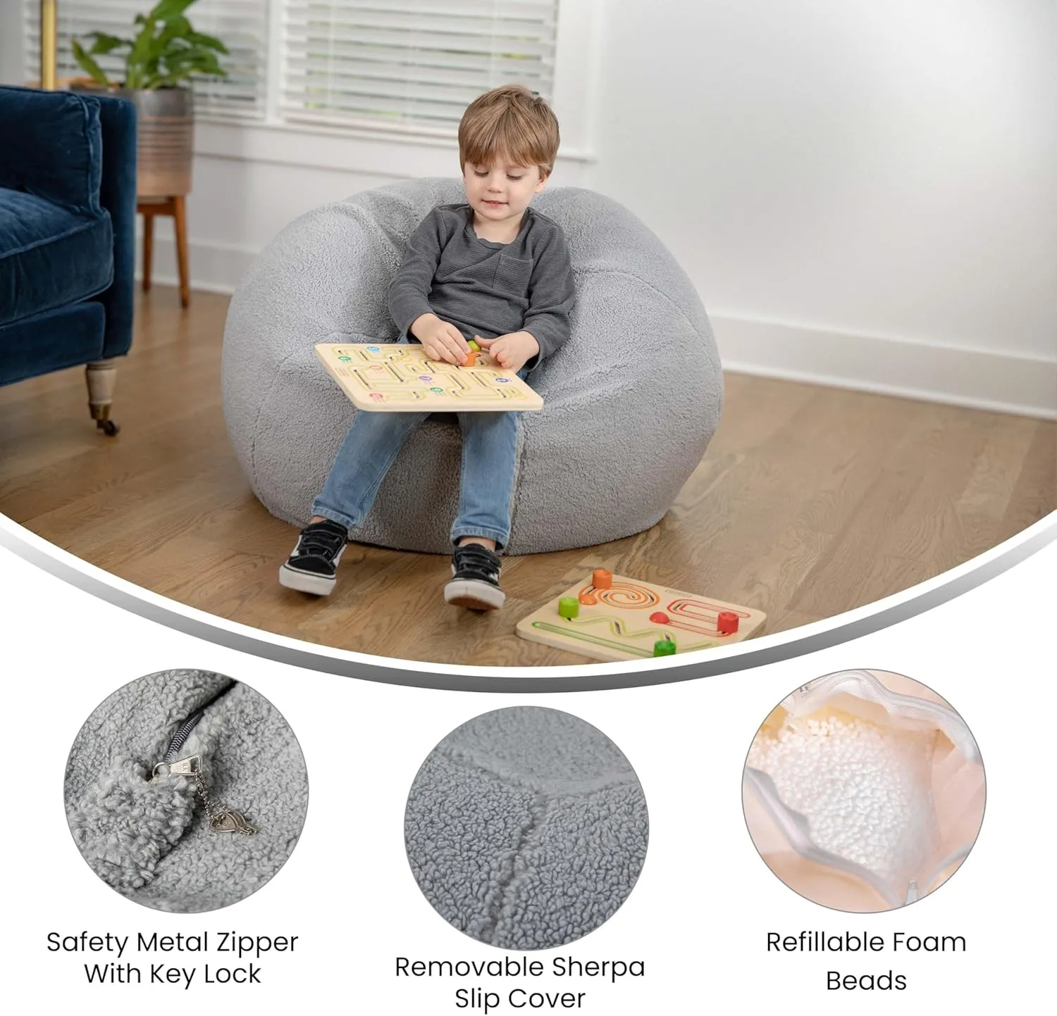 EMMA   OLIVER Daisy Sherpa Bean Bag Chair, Classic Refillable Bean Bag Chair for Kids and Teens, Small, Gray