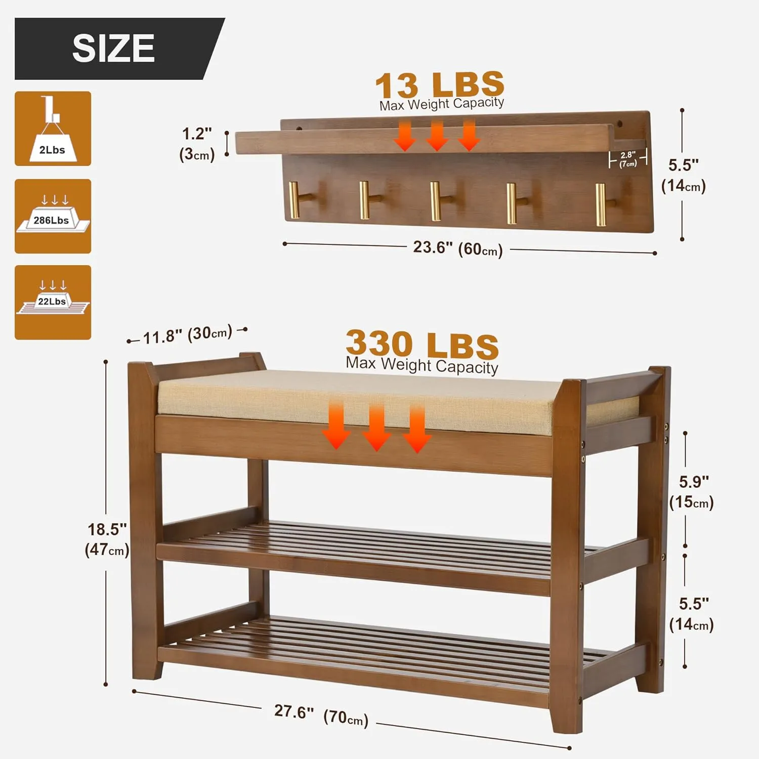 Entryway Bench with Coat Rack, 28 in Shoe Bench with Cushion and Wall Mounted Coat Rack with Hooks, Storage for Entry, Hallway, Bedroom, Living Room