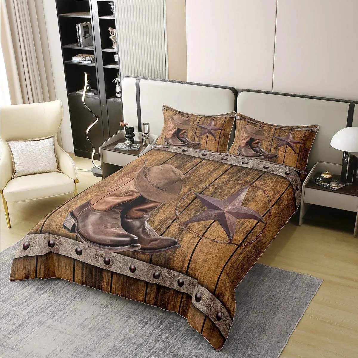 Erosebridal 100% Cotton Western Comforter Cover,Rodeo Cowboy Boots Hat Duvet Cover Twin,Wild West Country Bedding Set Rustic Farmhouse Boys Men Bedroom Decor,Texas Star Southwestern Bed Set 2Pcs