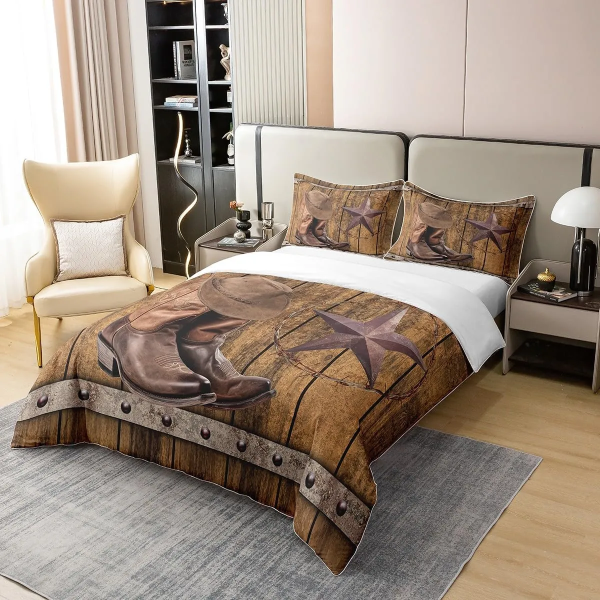 Erosebridal 100% Cotton Western Comforter Cover,Rodeo Cowboy Boots Hat Duvet Cover Twin,Wild West Country Bedding Set Rustic Farmhouse Boys Men Bedroom Decor,Texas Star Southwestern Bed Set 2Pcs