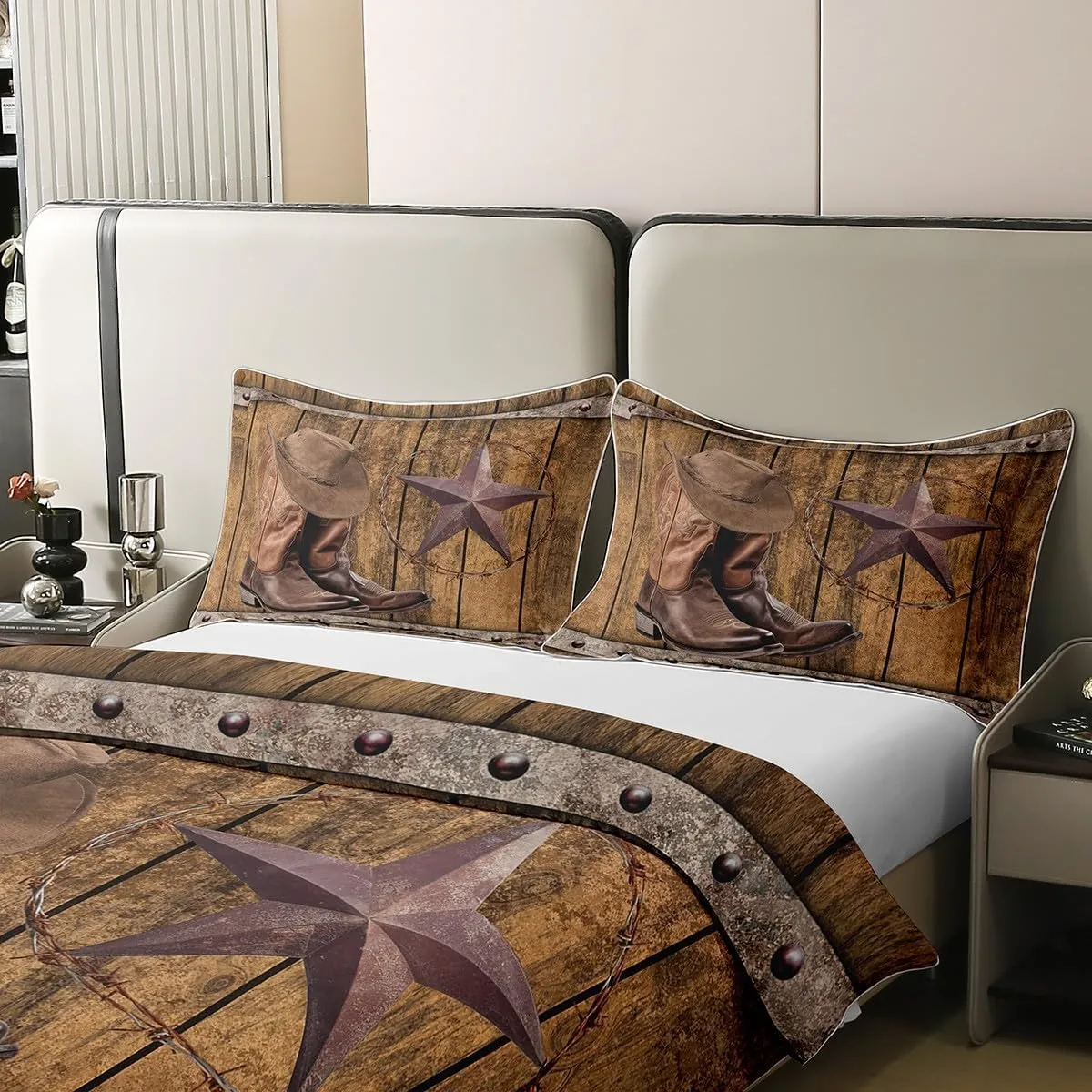Erosebridal 100% Cotton Western Comforter Cover,Rodeo Cowboy Boots Hat Duvet Cover Twin,Wild West Country Bedding Set Rustic Farmhouse Boys Men Bedroom Decor,Texas Star Southwestern Bed Set 2Pcs