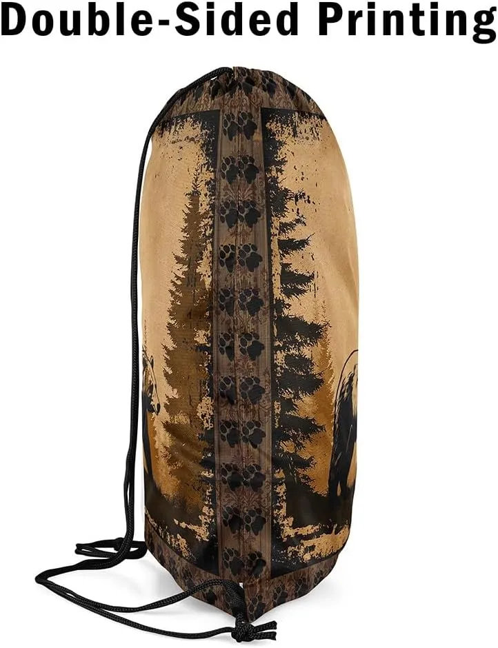 Erosebridal Bear Decor Reversible Drawstring Backpack,Hunting Bear Rustic Waterproof Draw String Back Bag,Retro Rustic Cabin Decor Drawstring Bags,Farmhouse Woodland Animal String Backpack,13x15.7