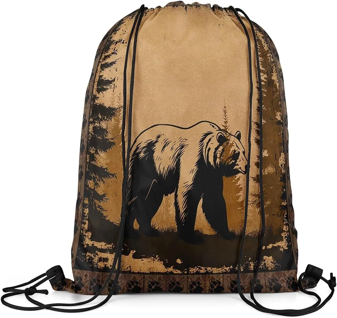 Erosebridal Bear Decor Reversible Drawstring Backpack,Hunting Bear Rustic Waterproof Draw String Back Bag,Retro Rustic Cabin Decor Drawstring Bags,Farmhouse Woodland Animal String Backpack,13x15.7