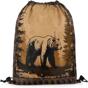 Erosebridal Bear Decor Reversible Drawstring Backpack,Hunting Bear Rustic Waterproof Draw String Back Bag,Retro Rustic Cabin Decor Drawstring Bags,Farmhouse Woodland Animal String Backpack,13x15.7