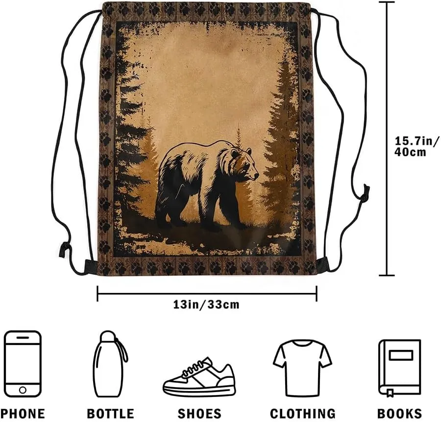 Erosebridal Bear Decor Reversible Drawstring Backpack,Hunting Bear Rustic Waterproof Draw String Back Bag,Retro Rustic Cabin Decor Drawstring Bags,Farmhouse Woodland Animal String Backpack,13x15.7