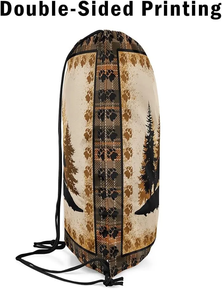 Erosebridal Bear Hunting Drawstring Bags for Sport Gym,Rustic Farmhouse Foldable Draw String Back Bag,Hunting Bear Wild Animal Drawstring Backpack,Retro Vintage Cabin Lodge String Backpack,13x15.7