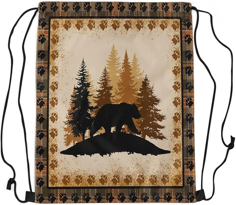 Erosebridal Bear Hunting Drawstring Bags for Sport Gym,Rustic Farmhouse Foldable Draw String Back Bag,Hunting Bear Wild Animal Drawstring Backpack,Retro Vintage Cabin Lodge String Backpack,13x15.7