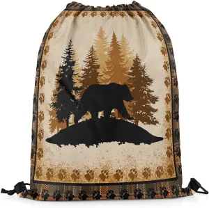 Erosebridal Bear Hunting Drawstring Bags for Sport Gym,Rustic Farmhouse Foldable Draw String Back Bag,Hunting Bear Wild Animal Drawstring Backpack,Retro Vintage Cabin Lodge String Backpack,13x15.7
