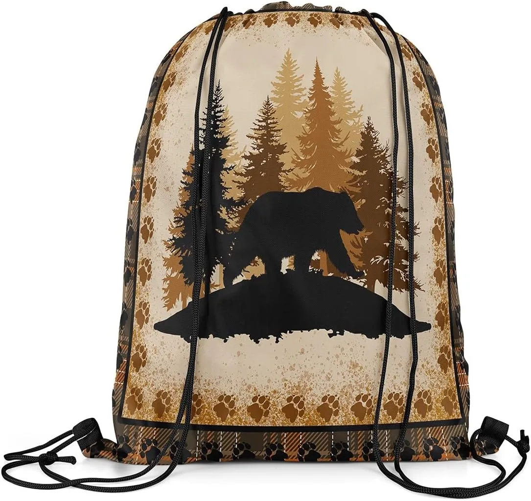 Erosebridal Bear Hunting Drawstring Bags for Sport Gym,Rustic Farmhouse Foldable Draw String Back Bag,Hunting Bear Wild Animal Drawstring Backpack,Retro Vintage Cabin Lodge String Backpack,13x15.7