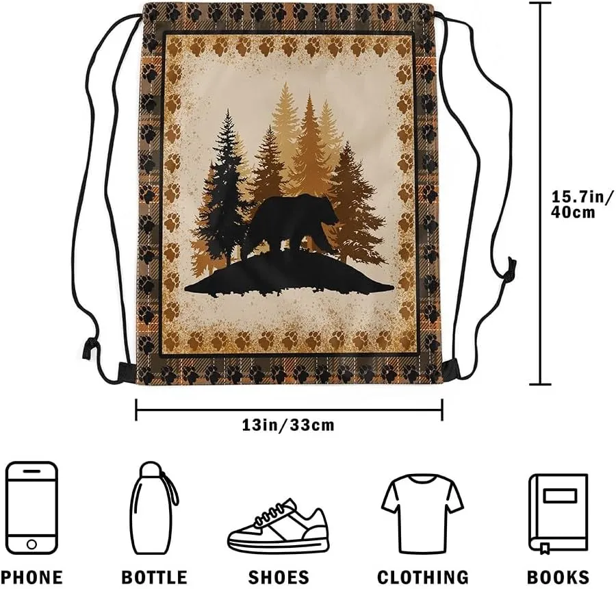 Erosebridal Bear Hunting Drawstring Bags for Sport Gym,Rustic Farmhouse Foldable Draw String Back Bag,Hunting Bear Wild Animal Drawstring Backpack,Retro Vintage Cabin Lodge String Backpack,13x15.7