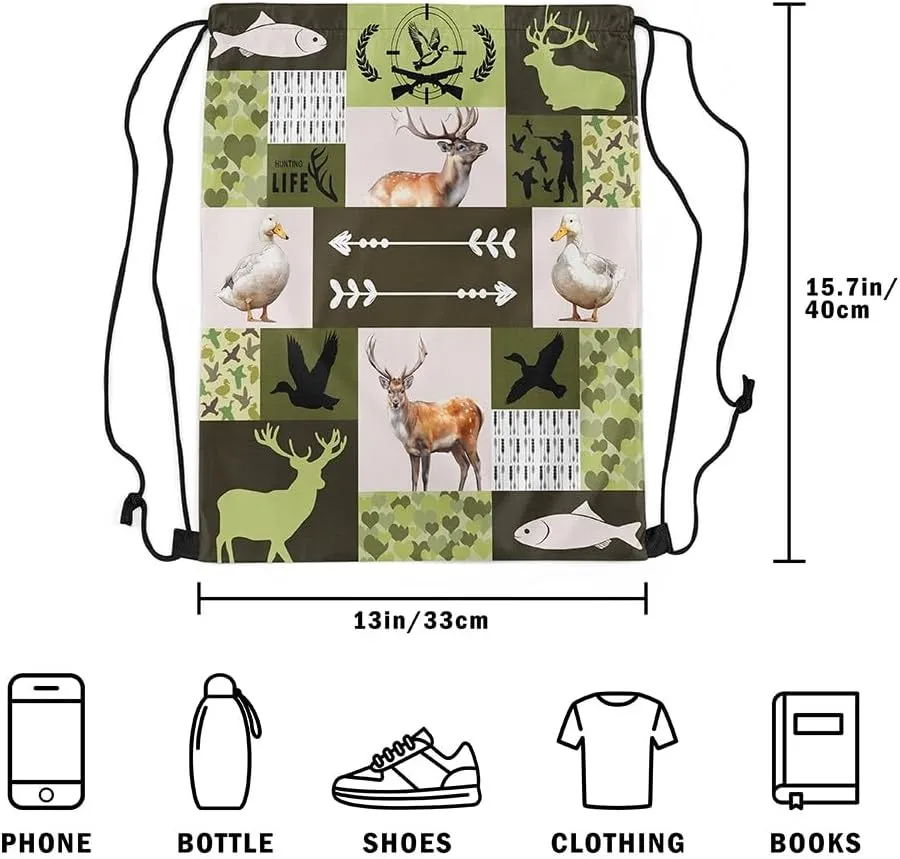 Erosebridal Camo Mallard Duck 13x15.7 Drawstring Backpack Wildlife Deer Drawstring Bags Rustic Pike Fish Draw String Back Bag Farmhouse Hunting Theme String Backpack