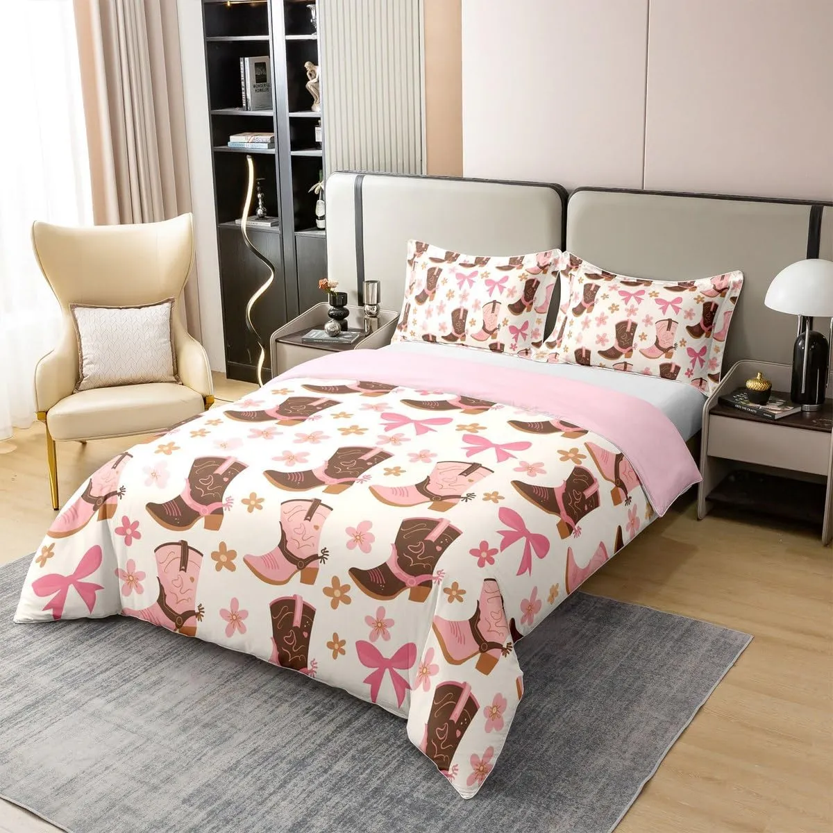 Erosebridal Cowboy Boot Duvet Cover Pink Cherry Bow 100% Cotton Bedding Sets Western Farmstyle Comforter Cover Cartoon Bowknot Bedspread Cover Rustic Farm Floral Beddings Queen Size