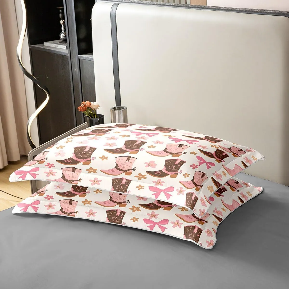 Erosebridal Cowboy Boot Duvet Cover Pink Cherry Bow 100% Cotton Bedding Sets Western Farmstyle Comforter Cover Cartoon Bowknot Bedspread Cover Rustic Farm Floral Beddings Queen Size
