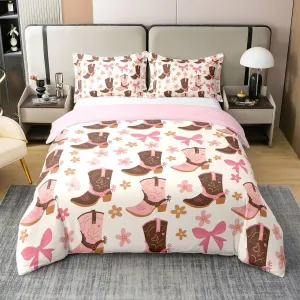 Erosebridal Cowboy Boot Duvet Cover Pink Cherry Bow 100% Cotton Bedding Sets Western Farmstyle Comforter Cover Cartoon Bowknot Bedspread Cover Rustic Farm Floral Beddings Queen Size